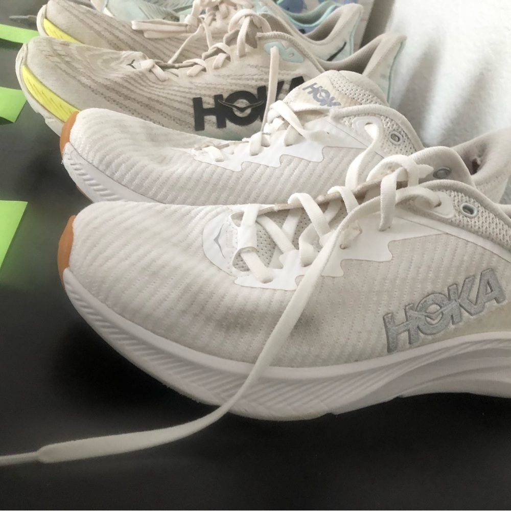 Hoka Kids White Sneakers with Tan and Light Blue Accents